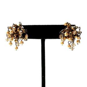 Vintage Erickson Beamon Beaded Gold Metallic Crystals & Water Pearl Earrings EUC